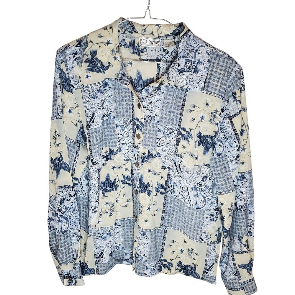 Le Caviar Vintage Deadstock Patchwork Floral Blue Paisley Button Up Blouse M NWT